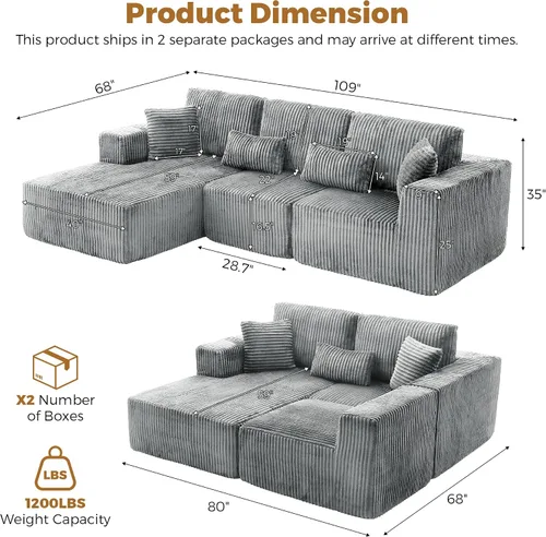 Vista 2 de Sofá deshuesado de 108 pulgadas para sala de estar, sofá modular en forma de L Gris oscuro+orientación izquierda