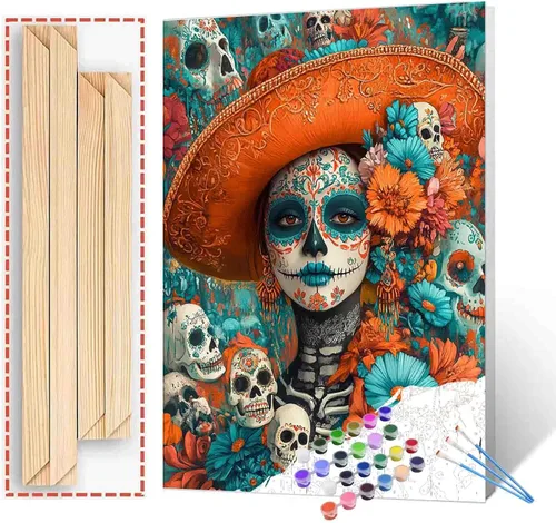 Vista 17 de Tucocoo Decoración del Día de los Muertos, pintura por números, esqueleto para parejas, pintura por números sobre lienzo con pinceles y pigmento