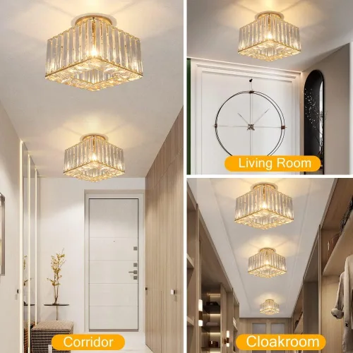 Vista 3 de Moderna lámpara de techo de cristal, iluminación semiempotrada con acabado dorado LED con base E26/27 para dormitorio, entrada, vestíbulo, pasillo