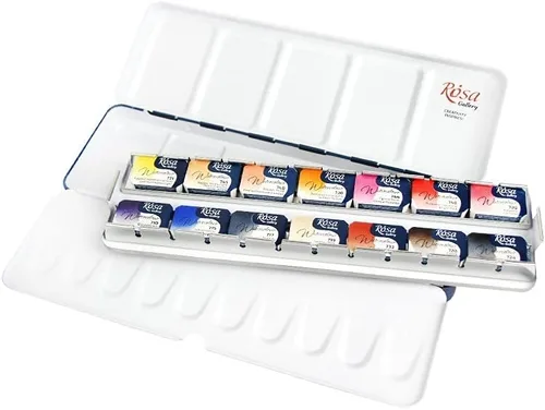 Vista 4 de Rosa Gallery Juego de pintura de acuarela, paleta 'Retrato' sartenes completas caja de metal de 14 colores, acuarelas profesionales extra finas