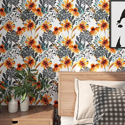 Vista 5 de ReWallpaper Papel tapiz floral vintage para pegar y despegar con girasoles amarillos, papel de contacto floral para paredes, armarios, estantes