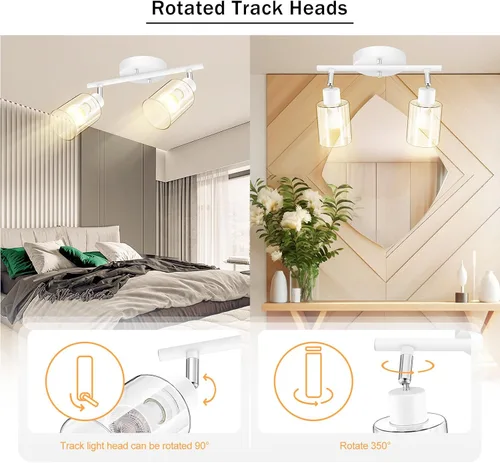 Vista 5 de BoostArea Lámparas de baño de 2 luces, modernas luces blancas de pared con pantalla de vidrio transparente, luz de techo flexible para espejo