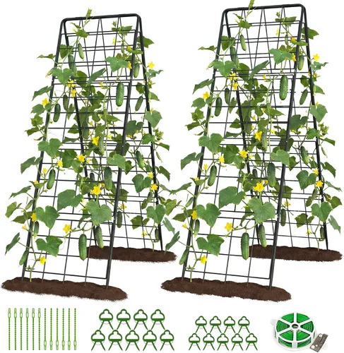 Vista 16 de DoCred Enrejado de jardín de metal con marco en A, 2 unidades, acero recubierto de PVC, perfecto para pepinos, calabaza, guisantes, enredaderas