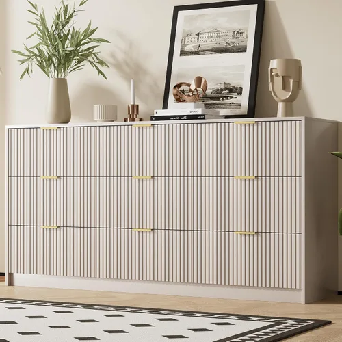Vista 18 de Furniway - Cómoda color beige para habitación, moderna, 3 cajones y deslizadores suaves, cómoda ancha con jaladeras doradas para sala o armario