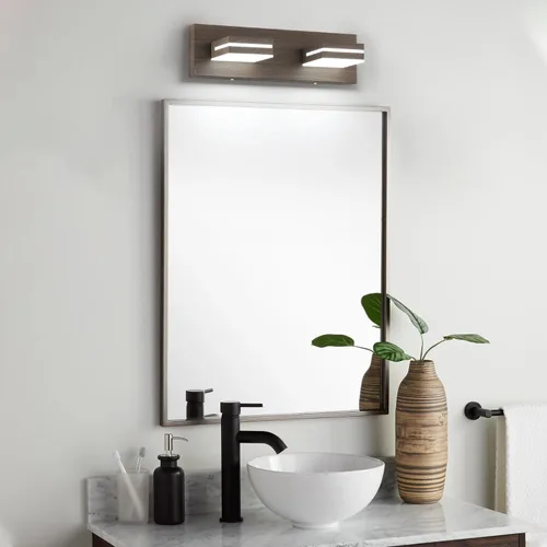 Vista 7 de SineRise Moderna lámpara LED para tocador de baño (2 luces, 15.5 pulgadas, regulable), madera marrón, pintada de acrílico, moderna lámpara de pared