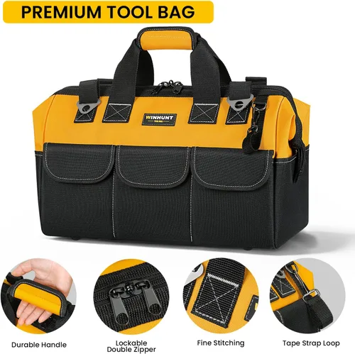 Vista 3 de WINHUNT Bolsa de herramientas premium, 14 bolsillos, 18 pulgadas, negro/amarillo, correa de hombro ajustable