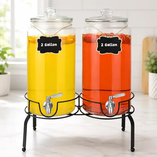 Vista 8 de Dispensador de bebidas de 1 galón, 1 paquete, dispensador de bebidas de espita de acero inoxidable para fiestas con soporte, recipiente de vidrio