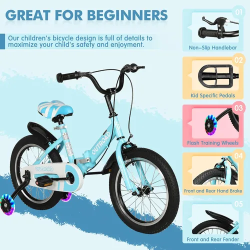 Vista 5 de SUNCROWN Kids Bike, 14 16 18 Inch Children Bicycle, Foldable Toddler Bike for Boys & Girls Age 3-10 Years with Flash Lighting Training Wheel