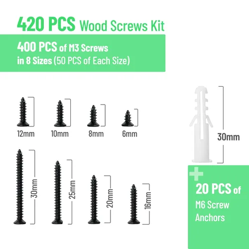 Vista 2 de Mr. Pen - Kit surtido de tornillos para madera, 400 piezas, 20 anclajes de tornillo M6, puntas Phillips negras, cabeza plana, M3, juego surtido