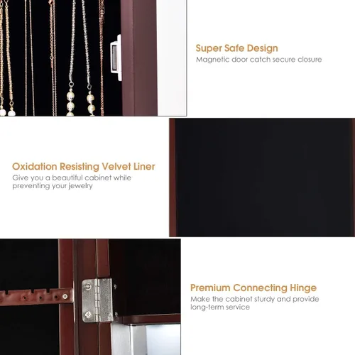 Vista 5 de Giantex Armario de joyería montado en la puerta con espejo de longitud completa organizador de joyas con espejo de maquillaje ranuras