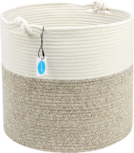 Vista 11 de Casaphoria Cesta de cuerda de algodón tejida con asa para dormitorio, cesta de almacenamiento redonda para baño, canasta grande para manta para sala