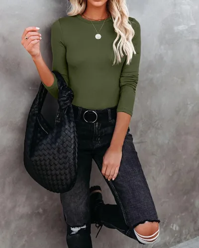 Vista 4 de VICHYIE Ropa de otoño para mujer, cuello redondo, acanalada, manga larga, ajustada, camiseta básica casual