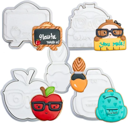 Vista 31 de Juego de cortador de galletas de regreso a clases con sellos de émbolo, 11 piezas, regalos de cocina, cumpleaños, vacaciones, ácido poliláctico 3D
