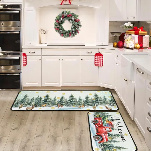 Vista 9 de Juego de 2 alfombras y tapetes de cocina navideñas para camiones, decoraciones navideñas para el hogar, antideslizantes con respaldo, alfombras