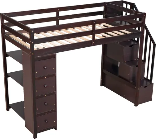 Vista 6 de Cama alta moderna con cajones de almacenamiento y escaleras, cama de madera tamaño individual con estantes y barandillas, para niños, niñas