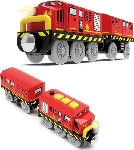Vista 5 de Tren a pilas para pistas de madera, juguetes de tren motorizado para juego de vías de ferrocarril, juguete de tren eléctrico con tren de control