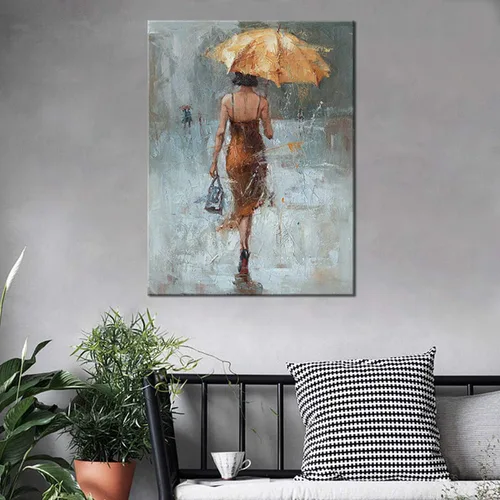 Vista 5 de Lienzo de pared con paraguas de niña con vestido caqui caminando en la calle lluvia pintura arte moderno lienzo abstracto obra de arte