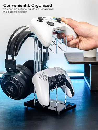 Vista 5 de OAPRIRE Headset and Controller Stand, Space-Saving 2 Tier Game Controller Holder, Acrylic Controller and Headset Stand for Desktop, Universal Design