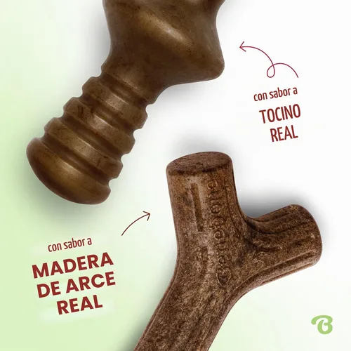 Vista 2 de Benebone - Paquete de 2 juguetes masticables duraderos para perros, diseño Maplestick/Zaggler, tocino real, madera de arce real, fabricados