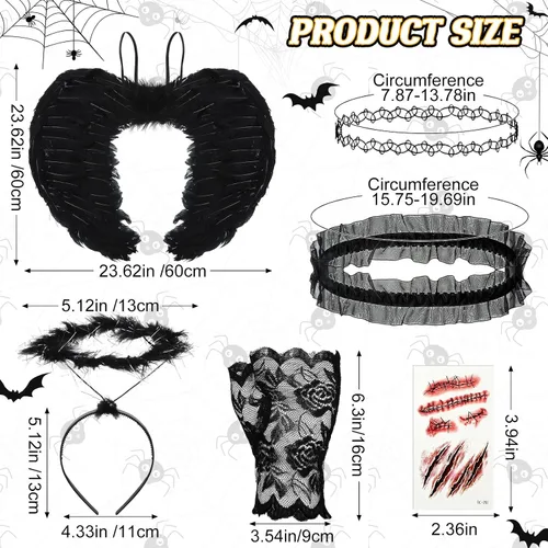 Vista 2 de Liitrsh Disfraz de ángel de Halloween para mujer, alas de ángel emplumadas, diadema de ángel, guantes de encaje, traje de ángel de liga de boda