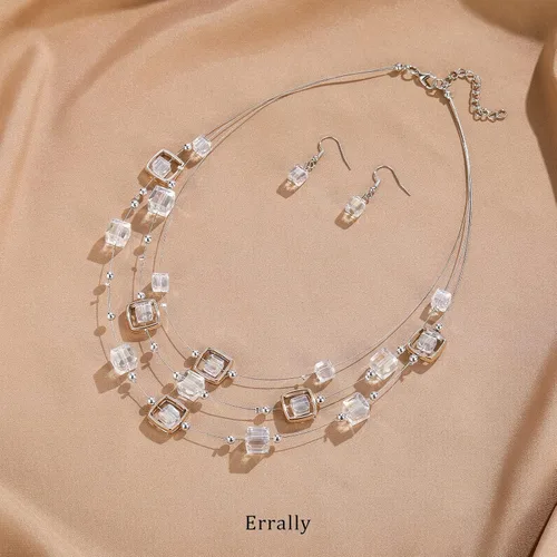 Vista 2 de Layered Silver Beaded Necklace for Women Square Crystal Beads Statement Collar Necklace and Earrings Fashion Costumes Jewelry for Women