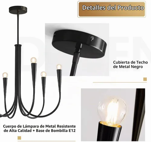 Vista 3 de Lámpara colgante moderna de 6 luces para comedor, cocina, sala de estar, lámpara industrial rústica negra MPL26-6 BK