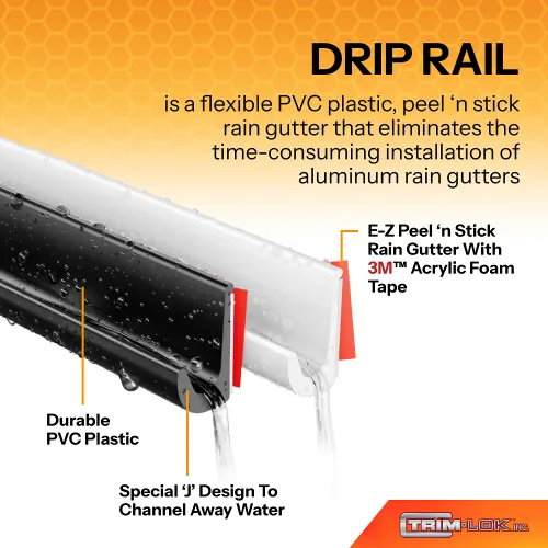 Vista 2 de Trim-Lok Canaleta de goteo, color blanco – 1/2 pulgada de altura, 25 pies de longitud – Canalón de lluvia de PVC para coches, furgonetas y casas