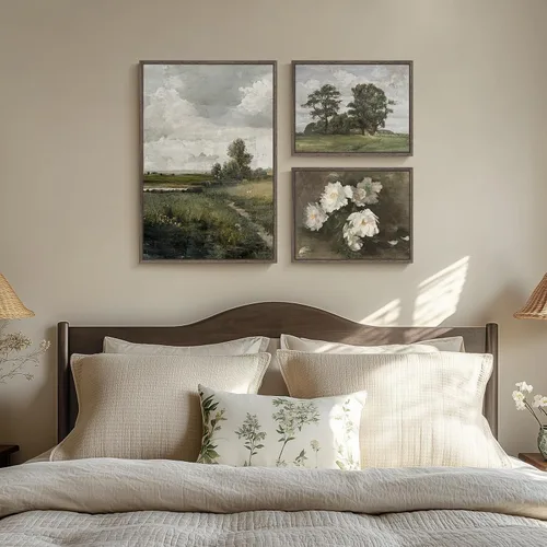 Vista 4 de 3 piezas de arte de pared en lienzo con marco vintage, gran impresión de granja de paisaje floral verde y árbol, obra de arte retro floral francesa