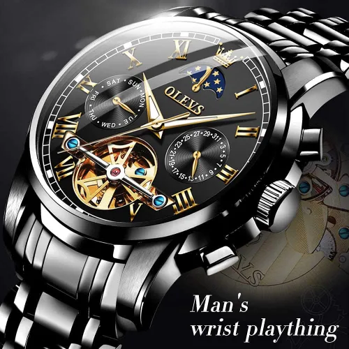 Vista 6 de OLEVS - Reloj mecánico automático Tourbillon Slef-Wind lujoso de acero inoxidable resistente al agua luminoso y con fecha