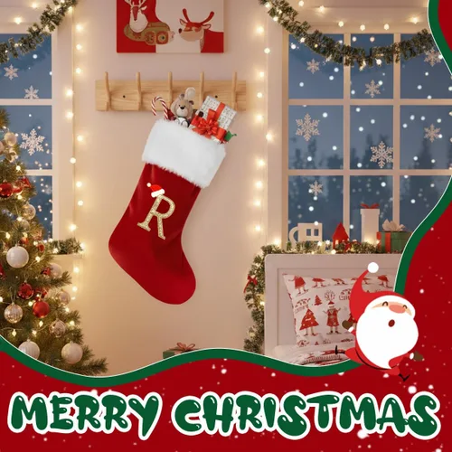 Vista 7 de Calcetines de Navidad personalizados con monograma, con inicial familiar, 20 pulgadas, puño de felpa blanca supersuave con cuerpo de terciopelo rojo
