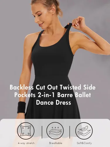 Vista 4 de Vestido de tenis con brasier y pantalones cortos incorporados, sin espalda, con bolsillo lateral trenzado, 2 en 1, vestido de baile de ballet