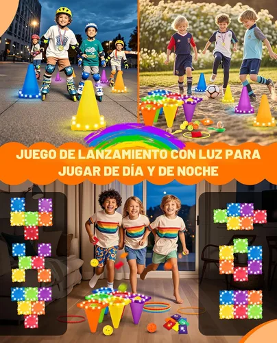 Vista 2 de Eocolz Juego combinado de 49 piezas de juegos de carnaval al aire libre para niños con luz LED, conos de plástico, obstáculos, puf, bolas