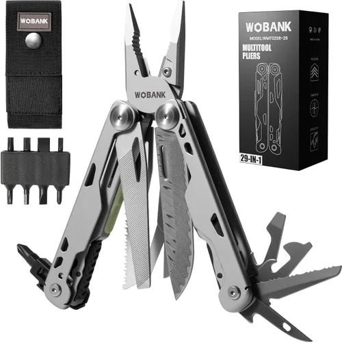Vista 11 de Multiherramienta, alicates multiherramienta de acero inoxidable 16 en 1 con llave hexagonal ajustable, cuchillo de bolsillo de damasco, funda