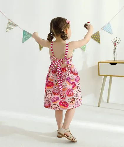 Vista 3 de Falda de verano para niñas pequeñas, vestido sin espalda con tirantes y estampado de helado