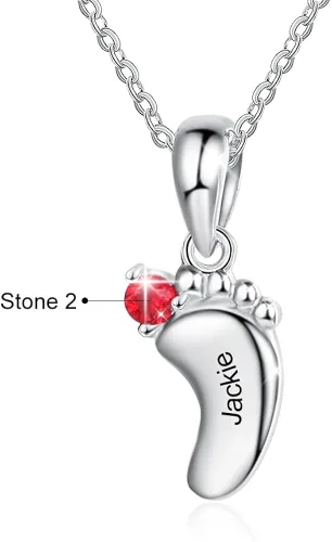 Vista 4 de Collar personalizado con nombre de pies de bebé para madre y mamá con 1 a 6 nombres, piedras natales, collar con colgante de pies de bebé