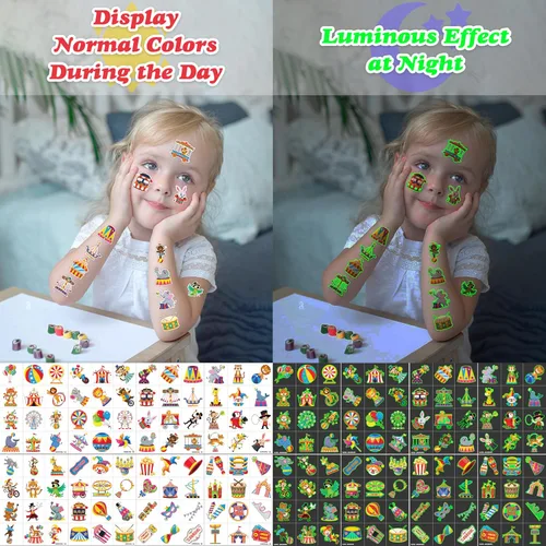 Vista 7 de 96 tatuajes temporales que brillan en la oscuridad para niños - Payaso de circo de carnaval Animal Popcorn Fake Tattoos Luminous Waterproof