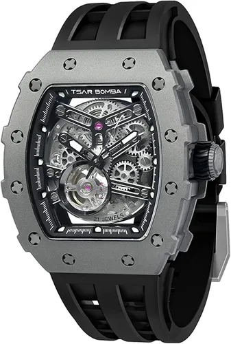 Vista 23 de Tsar Bomba Men's Automatic Watch Tonneau Luxury Skeleton Watch for Men Mechanical 50M Waterproof Wristwatch Gift for Men 08tc-whi