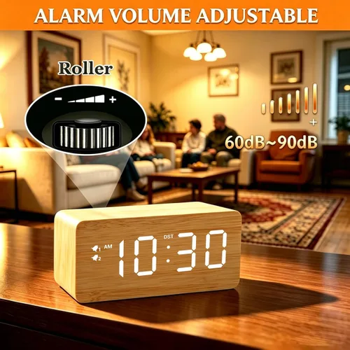 Vista 6 de URAYCO Reloj despertador digital de madera con cargador inalámbrico rápido de 10W, puertos de carga USB, DST, atenuable, modo repetición, pantalla