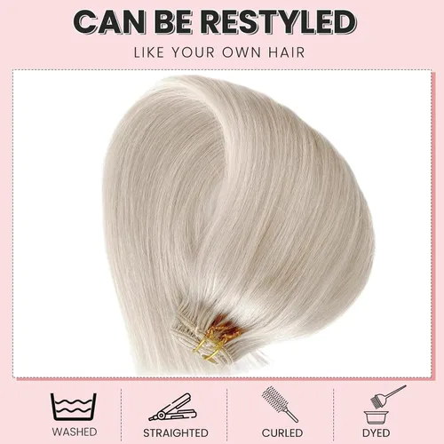 Vista 5 de Extensiones de cabello humano real Remy con clip, color blanco hielo, extensiones de cabello humano natural con clip, 12 pulgadas, 7 piezas, 2.47 oz