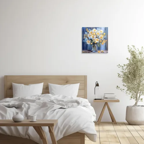 Vista 3 de QIXIANG Lienzo decorativo para pared, diseño de flores blancas, amarillas, azules, margaritas, ramo en un jarrón, impresiones para baño, cocina