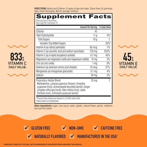 Vista 4 de Airborne 750mg Gomitas de vitamina C para adultos, gomitas de apoyo inmunológico con potentes antioxidantes, vitaminas C y E, sin cafeína - 2x63