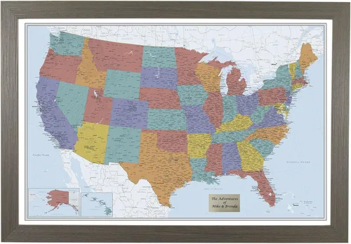 Vista 12 de Push Pin Travel Maps Lienzo personalizado Blue Oceans USA con marco gris de madera de granero