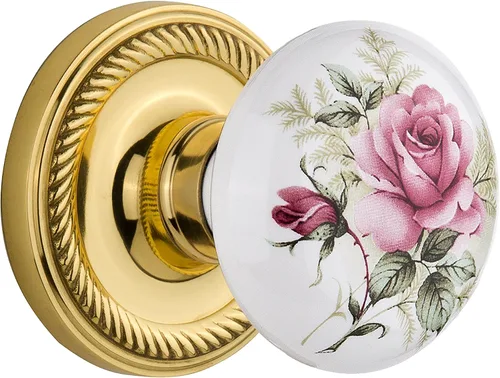 Vista 7 de Nostalgic Warehouse 711306, Mortaja de 2.25 pulgadas, roseta de cuerda de latón antiguo con perilla de porcelana rosa blanca