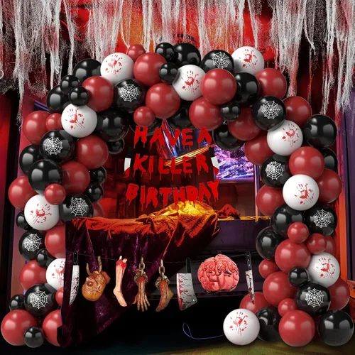 Vista 2 de Guirnalda de globos de Halloween con tela espeluznante y pancarta de 2 estilos, globos blancos impresos a mano negra roja y sangrienta, globos B