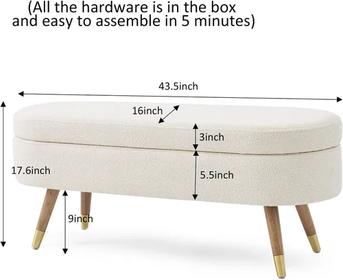 Vista 2 de IAFIKE Banco de almacenamiento ovalado de 43.5" Banco otomano tapizado de tela bouclé Banco reposapiés con patas de metal dorado, extremo de cama