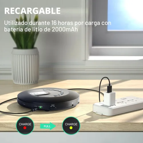 Vista 2 de Reproductor de CD portátil, reproductor de CD portátil recargable para coche y viajes, pequeño reproductor de CD con auriculares y antisaltos y a