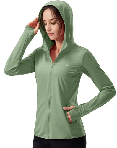 Vista 9 de Soothfeel Chaqueta con capucha y protección solar UPF 50+ para mujer, ligera, de manga larga, con bolsillo, para senderismo al aire libre d-celeste