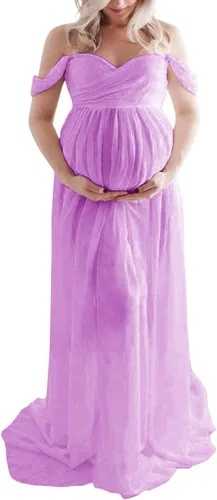 Vista 3 de ZIUMUDY Vestido de gasa de maternidad con hombros descubiertos para sesión de fotos, vestido largo de encaje frontal dividido para fotografía