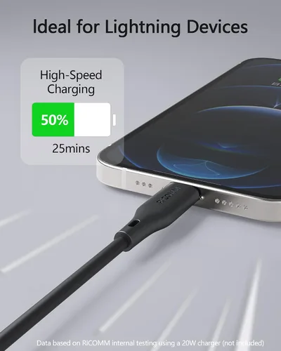 Vista 5 de Cable USB-C a Lightning, 3.9 pies, certificado MFi, cable de carga rápida de silicona suave para iPhone 14/13/12/11 Pro Max/XS/XR, iPad, AirPods