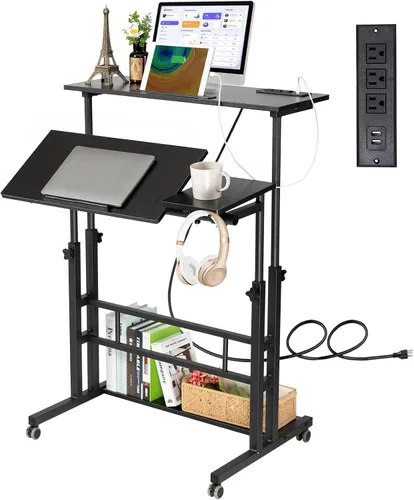 Vista 11 de Hadulcet Escritorio móvil de pie con estación de carga, escritorio ajustable para computadora de pie, carrito ajustable para laptop con ruedas